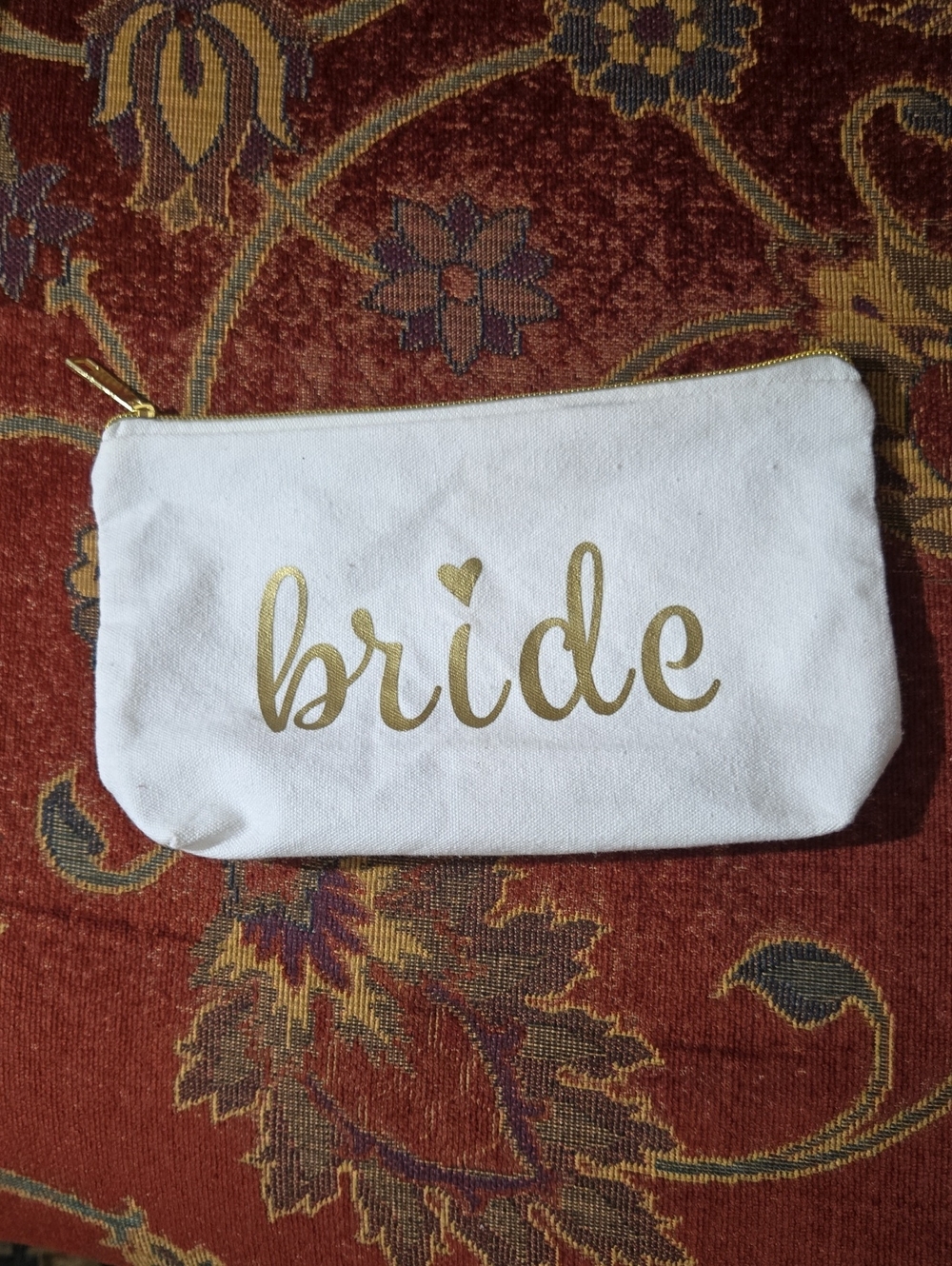 Source Unknown White Canvas Zip Pouch with Gold 'bride' Script